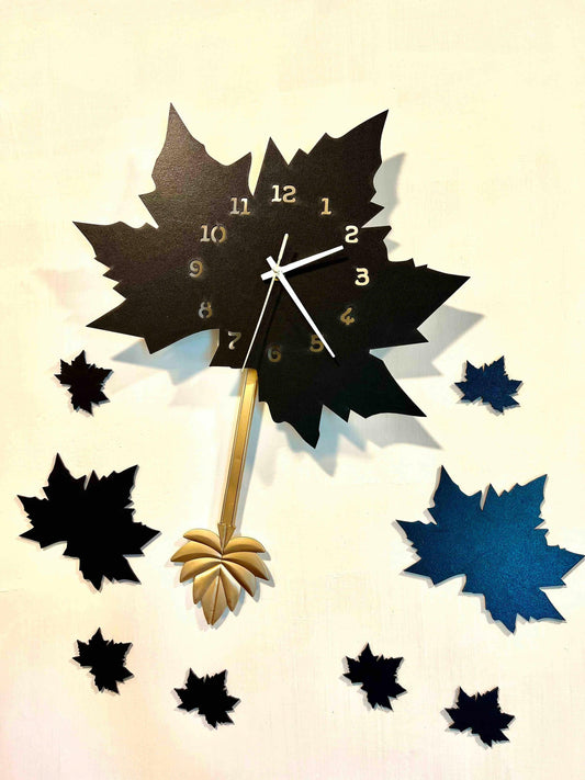 Black Maple Leaf Wall Clock with Pendulum - ValueBox