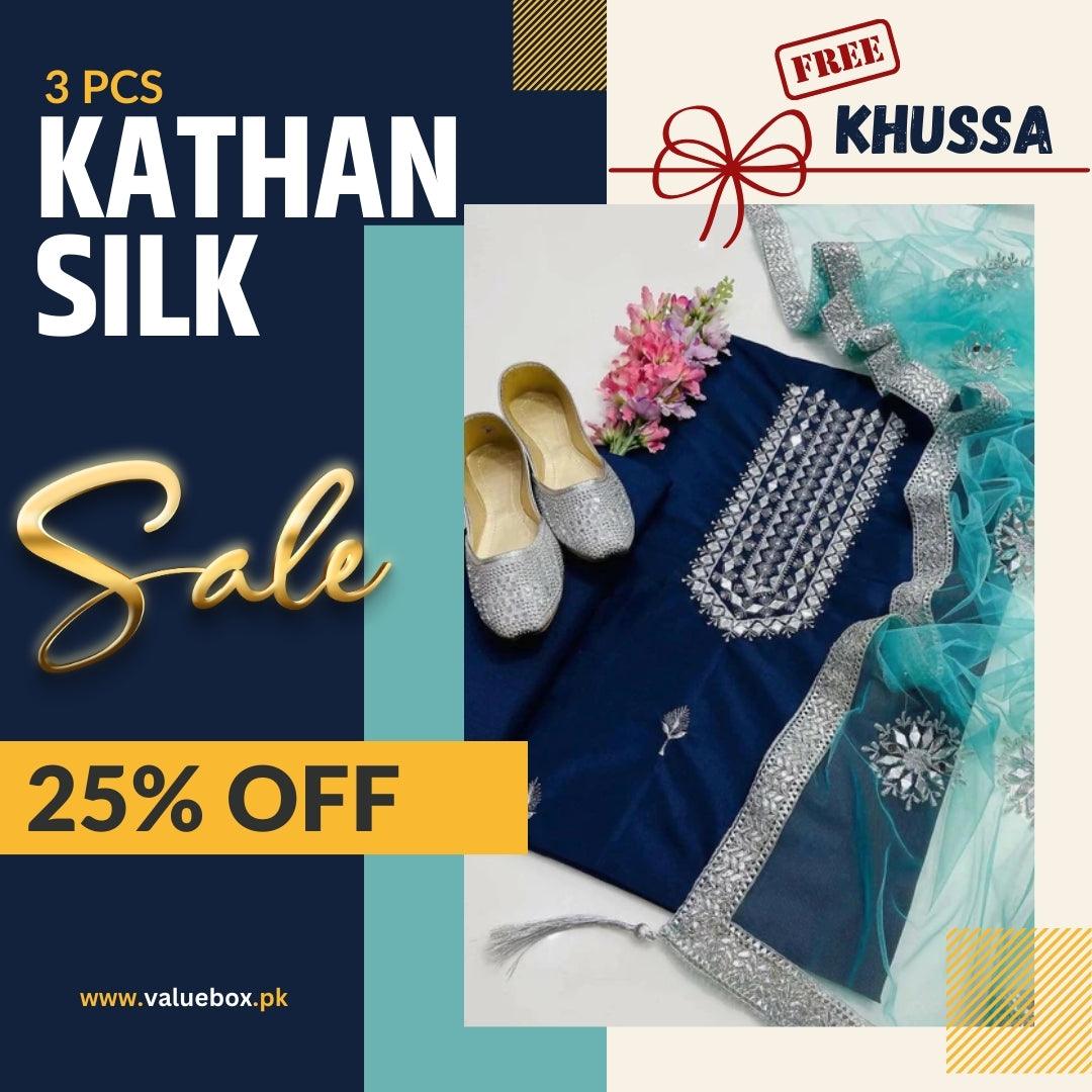 3 pcs Kathan Silk mirror work Shirt and Trouser along with net mirror work dupatta ( FREE KHUSSA GIFT )