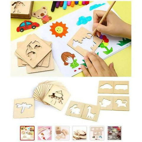 Kids Wooden Drawing Stencils Kit With Puzzle 24 Pes 12 Inner 12 Outer