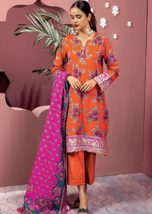 3pc Printed lawn shirt Voil Dupatta lawn Trouser Orange Colour - ValueBox