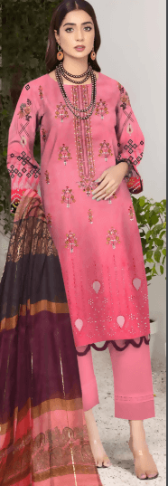 3pc Embroidered Lawn shirt Voil Dupatta Dyed Trouser Pink Colour - ValueBox