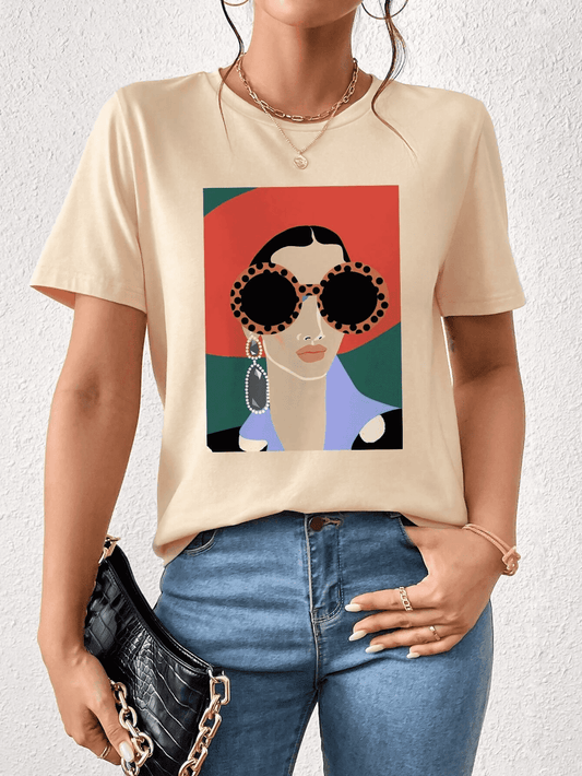 Khanani's Women's Elegant Portrait Printed Loose Fit T-Shirt - ValueBox