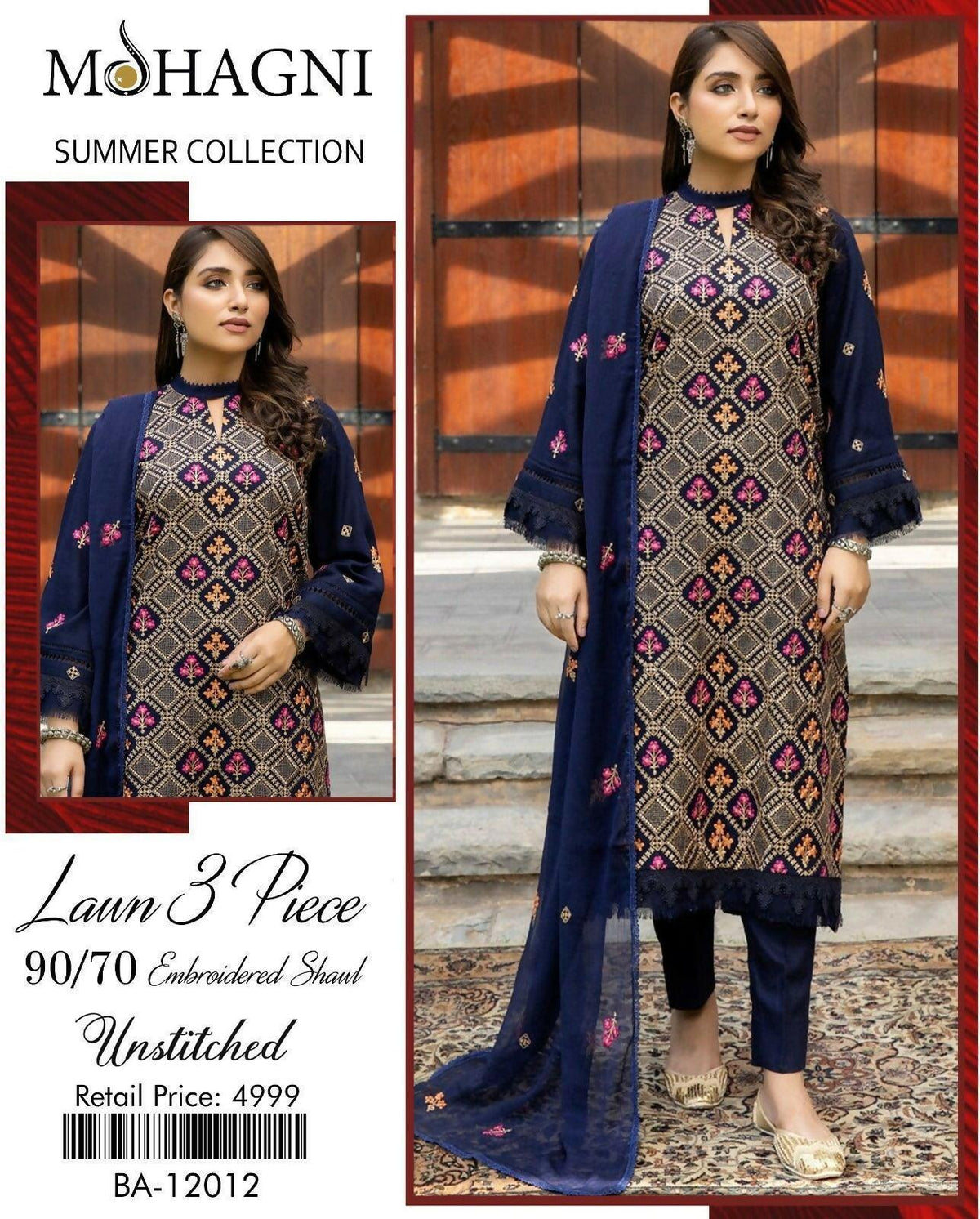Mohagni Lawn Embroidered 3pc Suit Summer dress - ValueBox