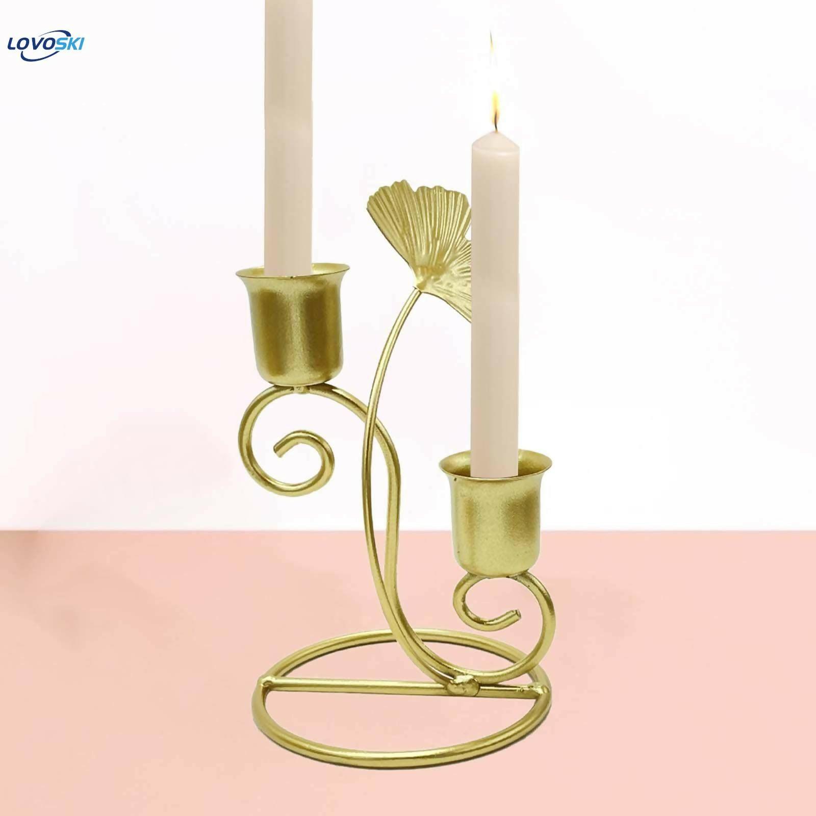 Candle Holder Ginkgo Leaf Double Head Metal Taper Candlestick for Fireplace - ValueBox