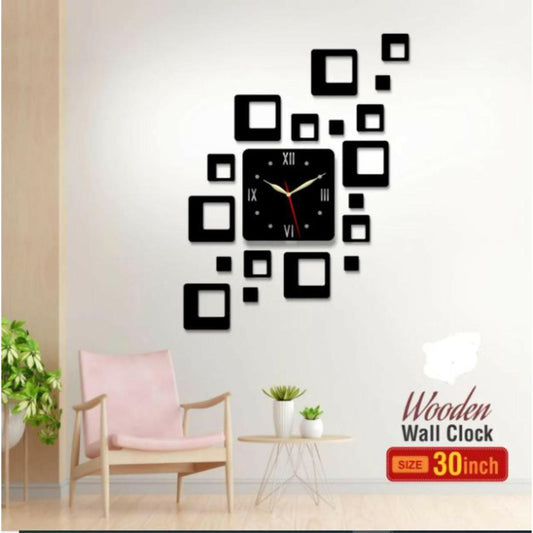Frameless Creative Wooden Wall Clock 3d Squares Shape