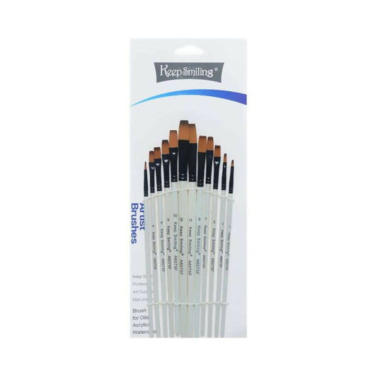 Keep_Smiling A6075F 12pcs Drawing Paint Brush Set Wooden Flat- sizes 1 to 12# - ValueBox
