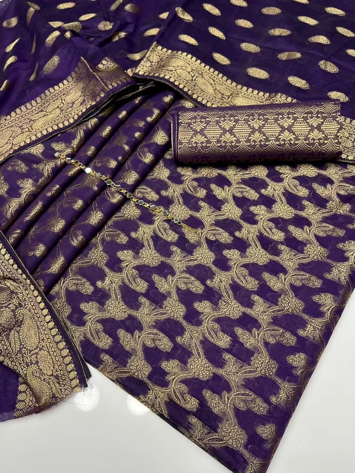 Unstitched Dark Cotton Jacquard 3-Piece Set Featuring Printed Front, Sleeves, Back, Dupatta & Jacquard Trousers - ValueBox