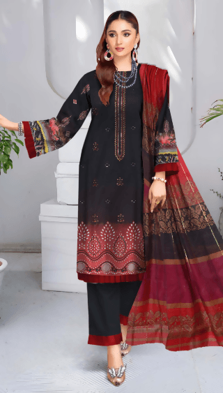 3pc Embroidered Lawn shirt Voil Dupatta Dyed Trouser Dark Grey Colour - ValueBox