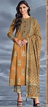 Gold Printed lawn shirt Voil Dupatta Dyed lawn Trouser Lighter Yellow