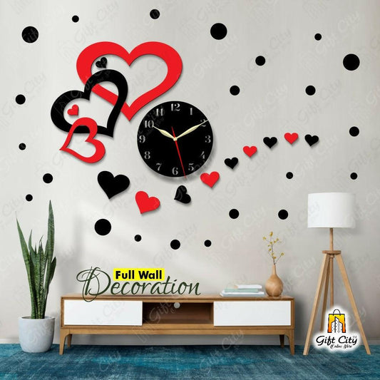 badgeGift City - Bulk of Hearts Wooden Wall Clock / 25 Polka Stickers for Home and Offices, 3D Design Self Adhesive