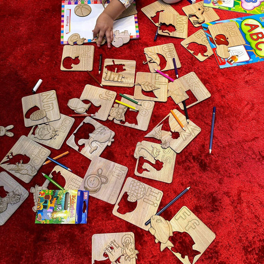 Kids Wooden Drawing Stencils English/Urdu/Mathematics Alphabets Learning Puzzle Toys - ValueBox