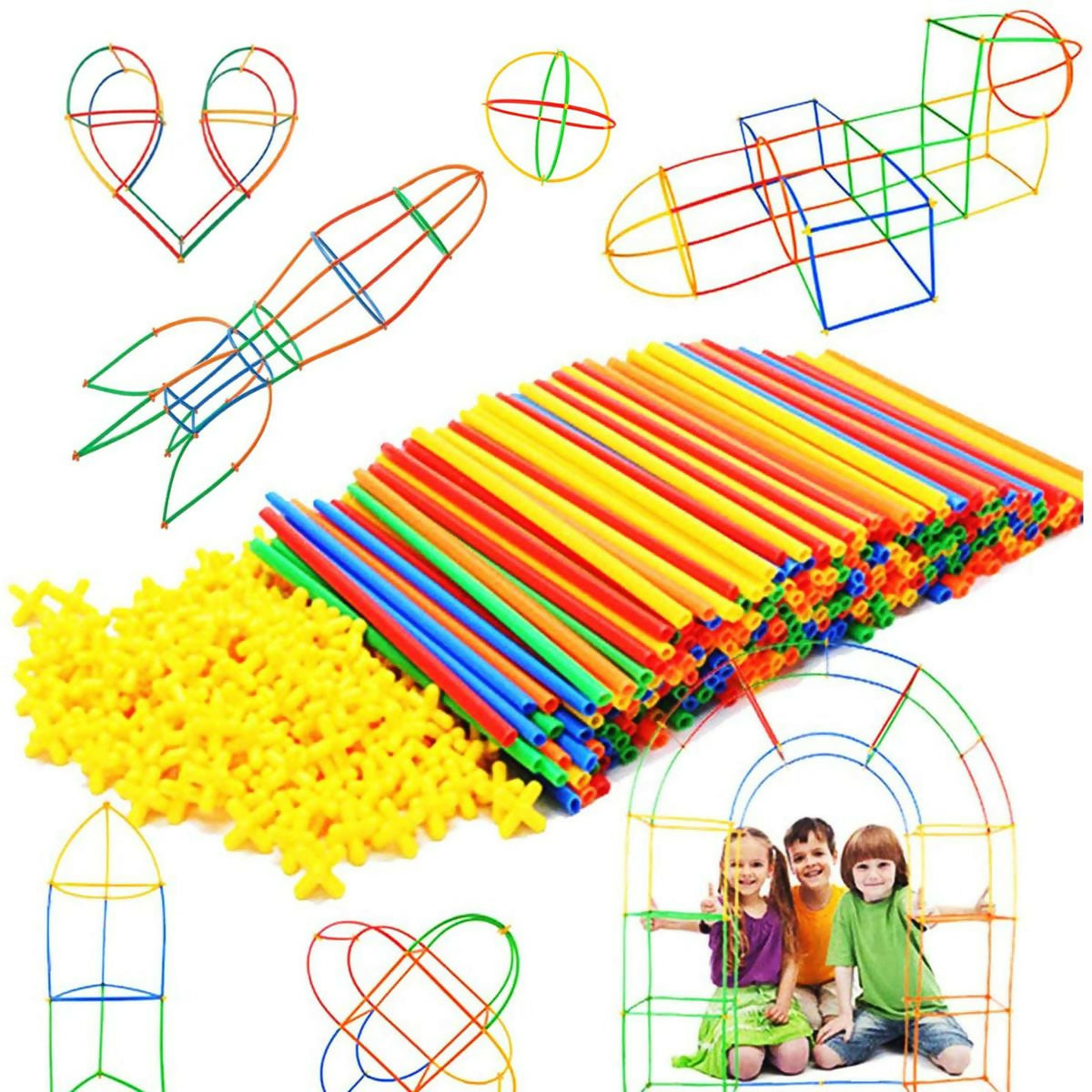 Rainbow Straw Constructor Stem Building Toys 110 pcs Interlocking Plastic Educational Toys Engineering Building Blocks -Construction Blocks- Colorful Motor Skills Interlocking Plastic Engineering Toys Best Educational Toys Gift for Boys & Girls