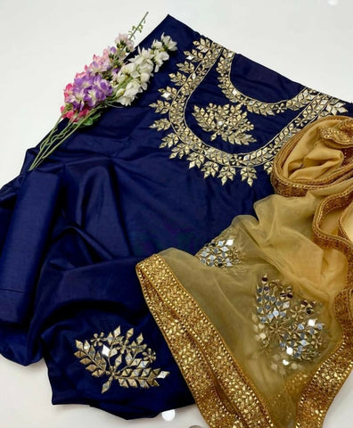 3 PC Unstitched Kathaan Shirt & Trouser With Net Mirror Dupatta