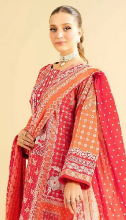 Gold Printed lawn shirt Voil Dupatta lawn Trouser Red Colour - ValueBox