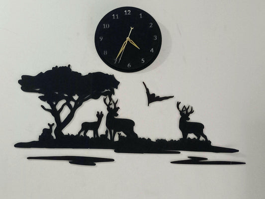 Big Wooden Grazing Deers in Meadows wall clock - ValueBox