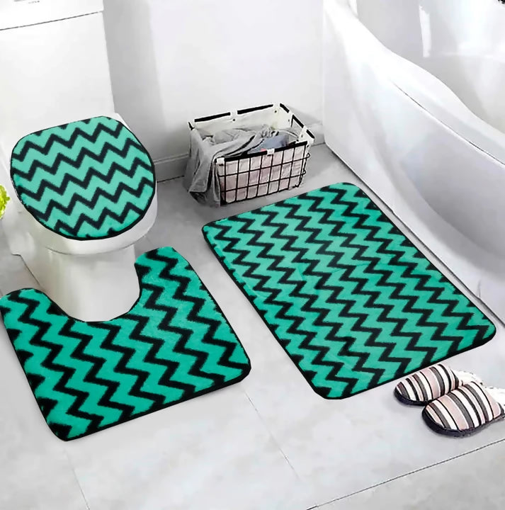 3-PCs-Anti-Skid-Commode-Mat-Set-Green-Geometric-Apricot-8057