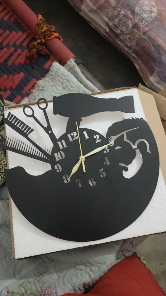 badgeMade by Gift City - Mens Beauty Salon 3D Silent Wooden Wall Clock - Home & Office Decor - Laser Cut