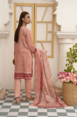 3 pc Printed Embroidered lawn shirt Voil Dupatta Dyed Trouser Light Pink Colour - ValueBox