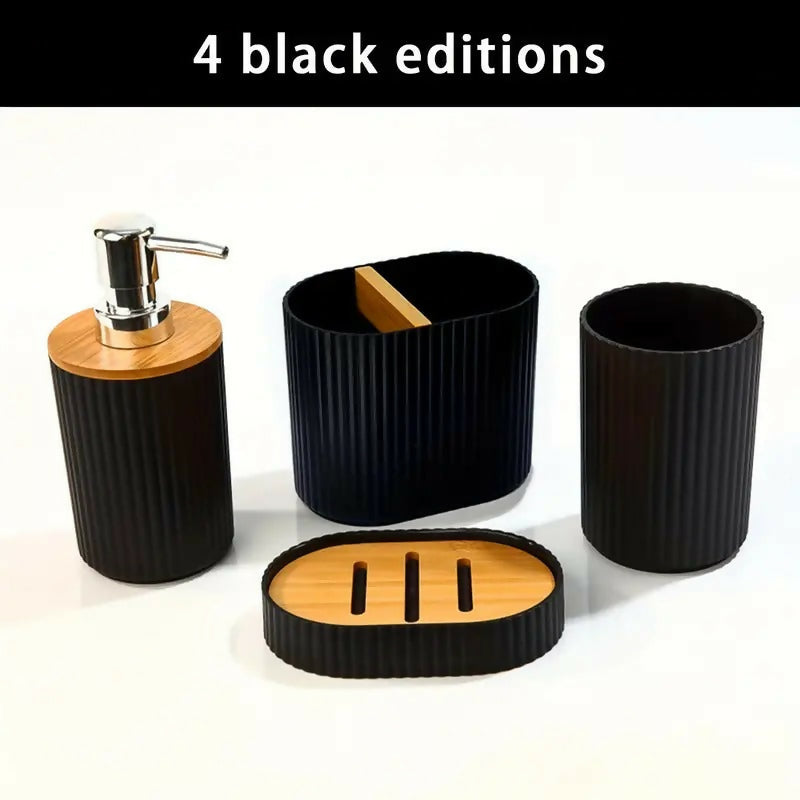 4-PCs-Wooden-Lid-Bath-Accessories-Set-2591-Black-Lines-Apricot-4070