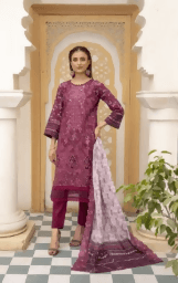 3 pc Printed Embroidered lawn shirt Voil Dupatta Dyed Trouser Maroon Colour - ValueBox