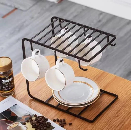 Home And Lifestyle 6 Hooks Iron Coffee Rack Organizer In Black, Metal Drying Dishrack Cup And Plate Holder for Home And Kitchen Accessories - ValueBox
