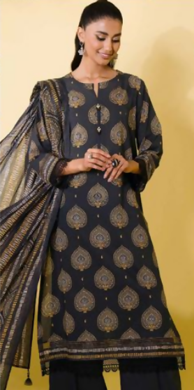 Gold Printed lawn shirt Voil Dupatta lawn Trouser Dark Blue Colour - ValueBox