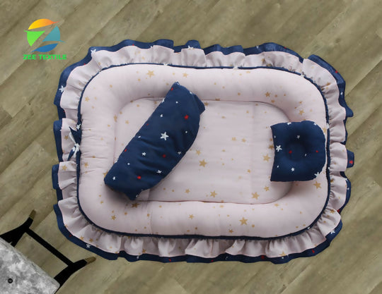 Printed Double Frilly Baby Nest With Comforter And Head Pillow`