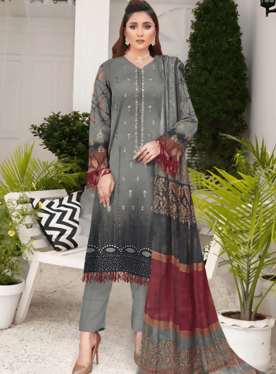 3pc Embroidered Lawn shirt Voil Dupatta Dyed Trouser Grey Colour - ValueBox