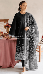3pc Embroidered lawn shirt Chiffon Dupatta Dyed Trouser Light Black Colour - ValueBox