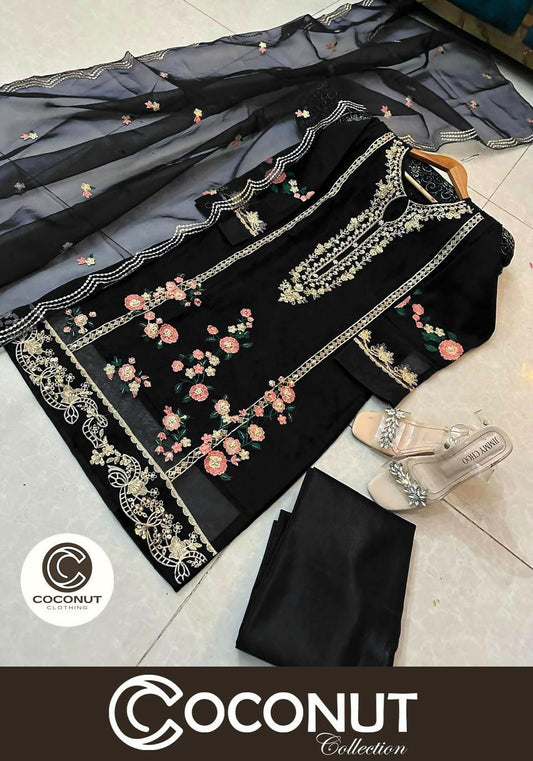 3PCs Flower Embroidery With Embroidered Cut Work - ValueBox
