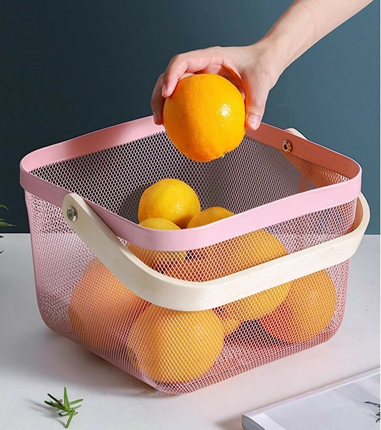 Mesh-Steel-Basket-with-Wooden-Handle-Square-Pink-Apricot-1385