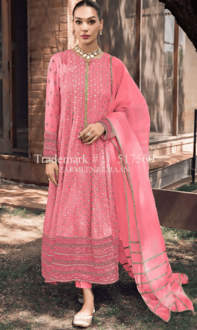 3pc Embroidered lawn shirt Chiffon Dupatta Dyed Trouser Pink Colour - ValueBox