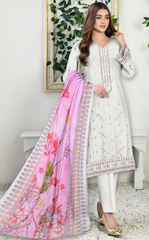 3pc Embroidered lawn shirt Chiffon Dupatta Dyed Trouser Off White Colour