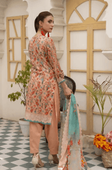 3pc Printed Embroidered lawn shirt Voil Dupatta Dyed Trouser Peach colour - ValueBox