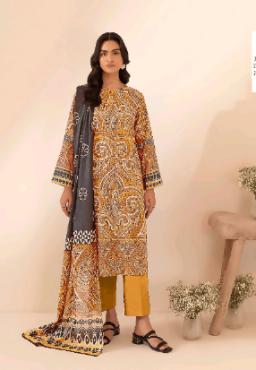 3pc Gold Printed lawn shirt Voil Dupatta lawn Trouser Grey and yellow colour - ValueBox