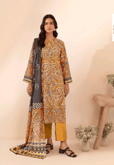 3pc Gold Printed lawn shirt Voil Dupatta lawn Trouser Grey and yellow colour - ValueBox