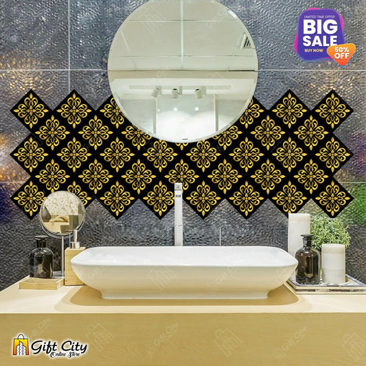 badgeGIFT City - Trending Golden Foil Tile Stickers Pack of 6 / 12 / 24 / 48 / 102 Pcs 12x12 cm Pattern Design Wall Decorative Bathroom ,Kitchen Sticker Wall Wallpaper Border Decoration