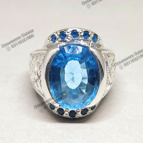 16 CT London Blue Topaz Ring, Topaz Silver Ring, Mens Topaz Ring, Handmade Blue Topaz Engraved Design Ring, Gift For Him