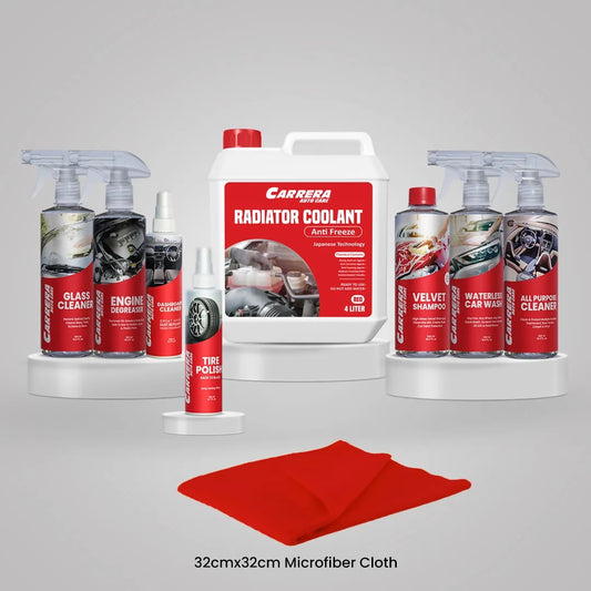 Shampoo 500ml + Dashboard Cleaner + All Purpose Cleaner + water Less + Glass Cleaner + Engine Degreaser + Tire Polish (Carrera Complete Kit) Anti Freeze With microfiber