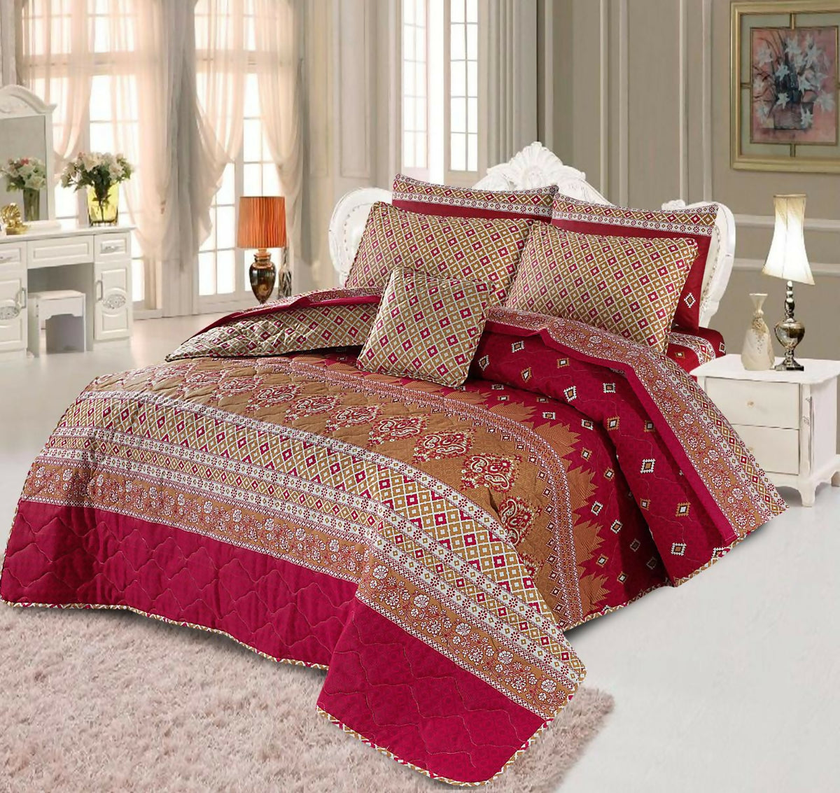 Latest Attractive Design 7PC Printed SaloniKa Cotton Comforter Set For Double Bed - ValueBox