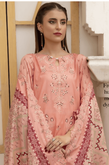 3 pc Printed Embroidered lawn shirt Voil Dupatta Dyed Trouser Light Pink Colour - ValueBox