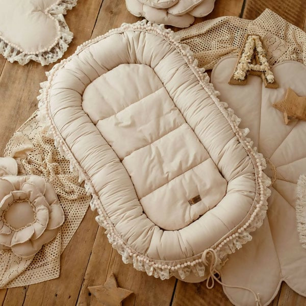 Cotton Baby Nest ''Delicious'' with Lace & Pompoms-Beigh