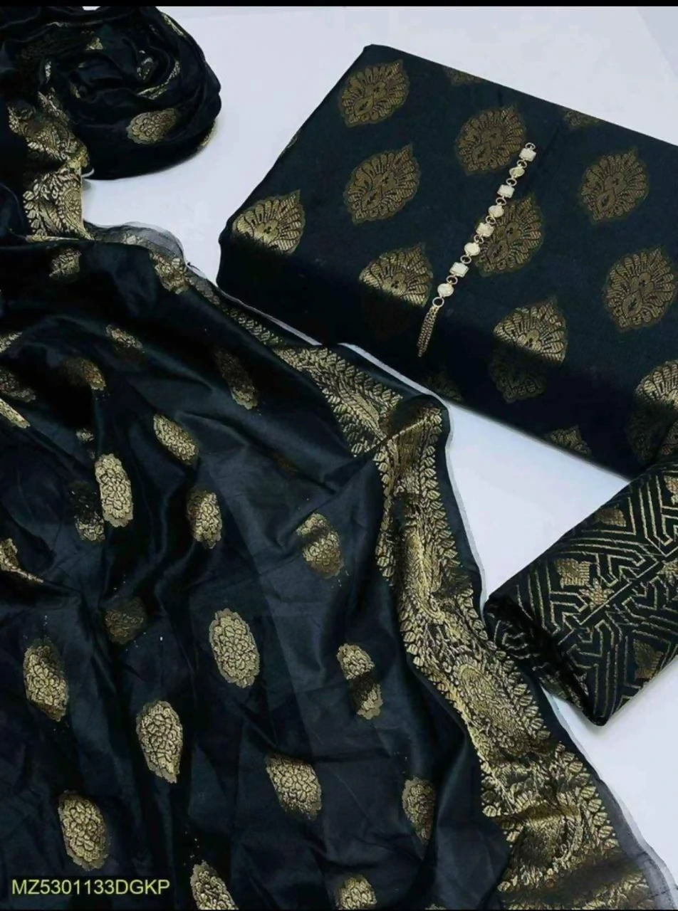 Unstitched Dark Cotton Jacquard 3-Piece Set Featuring Printed Front, Sleeves, Back, Dupatta & Jacquard Trousers - ValueBox