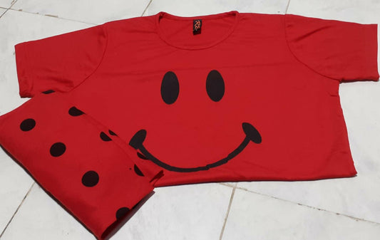 Red Colour Smile Printed Design Stylish Full Sleeves Round Neck T-Shirt and Pajama