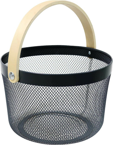 Mesh-Steel-Basket-with-Wooden-Handle-Round-Black-Apricot-7486