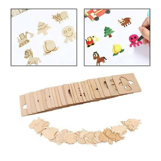 Kids Wooden Drawing Stencils Kit With Puzzle 24 Pes 12 Inner 12 Outer