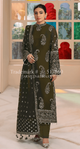 3pc Embroidered lawn shirt Chiffon Dupatta Dyed Trouser Olive Colour - ValueBox