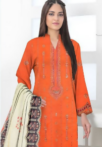 3pc Embroidered lawn shirt Chiffon Dupatta Orange Colour - ValueBox