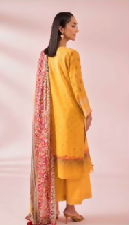 Gold Printed lawn shirt Voil Dupatta lawn Trouser Yellow Colour - ValueBox