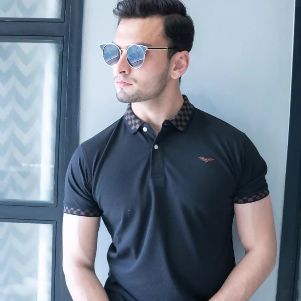 Black Checkered Collar Premium Polo